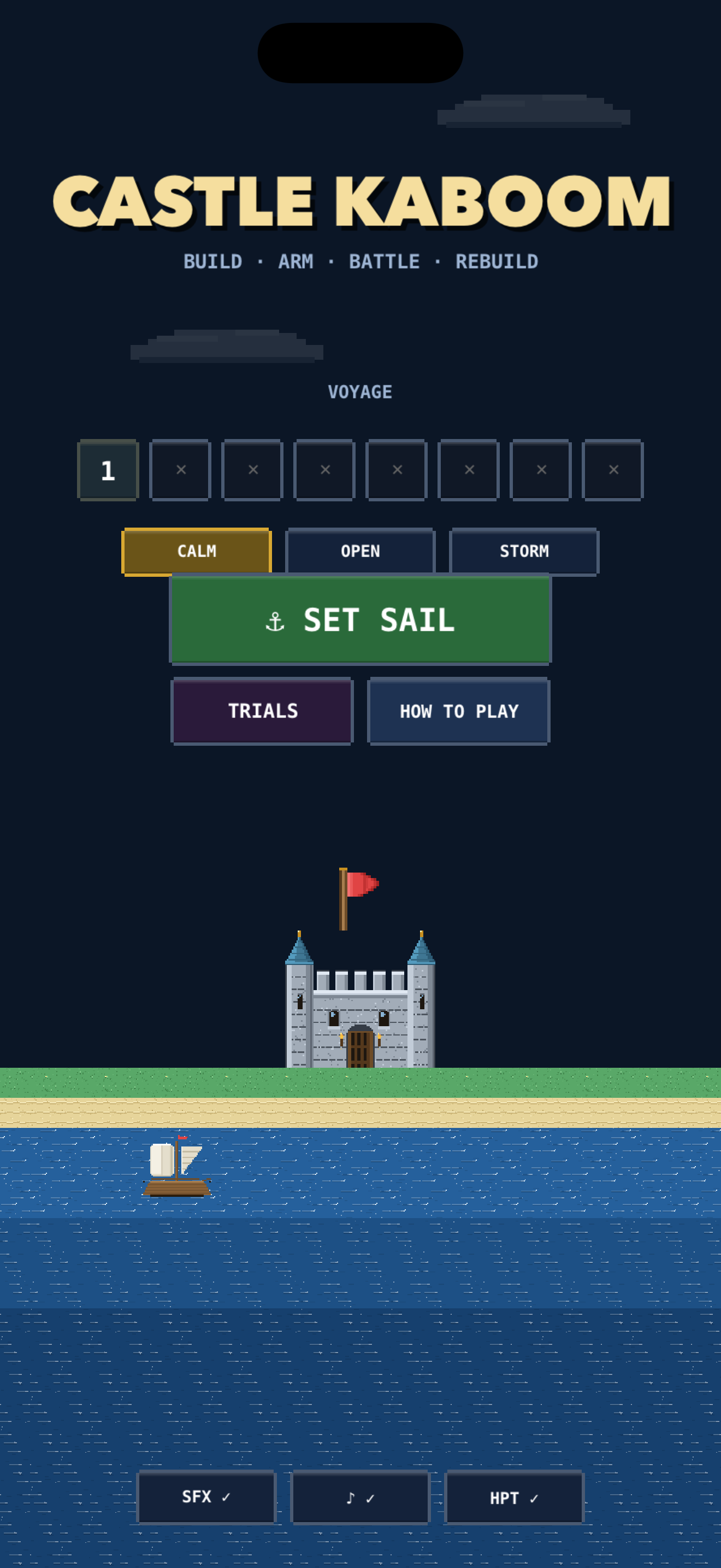 Castle Kaboom title menu with pixel-art castle and sea