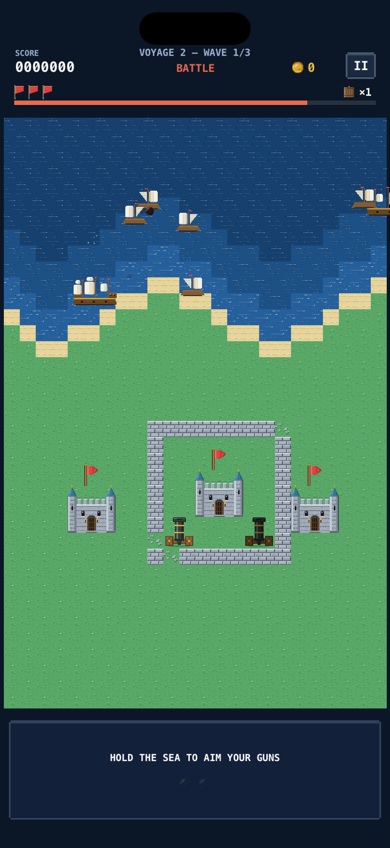 Cannons volleying at an invading pixel-art fleet